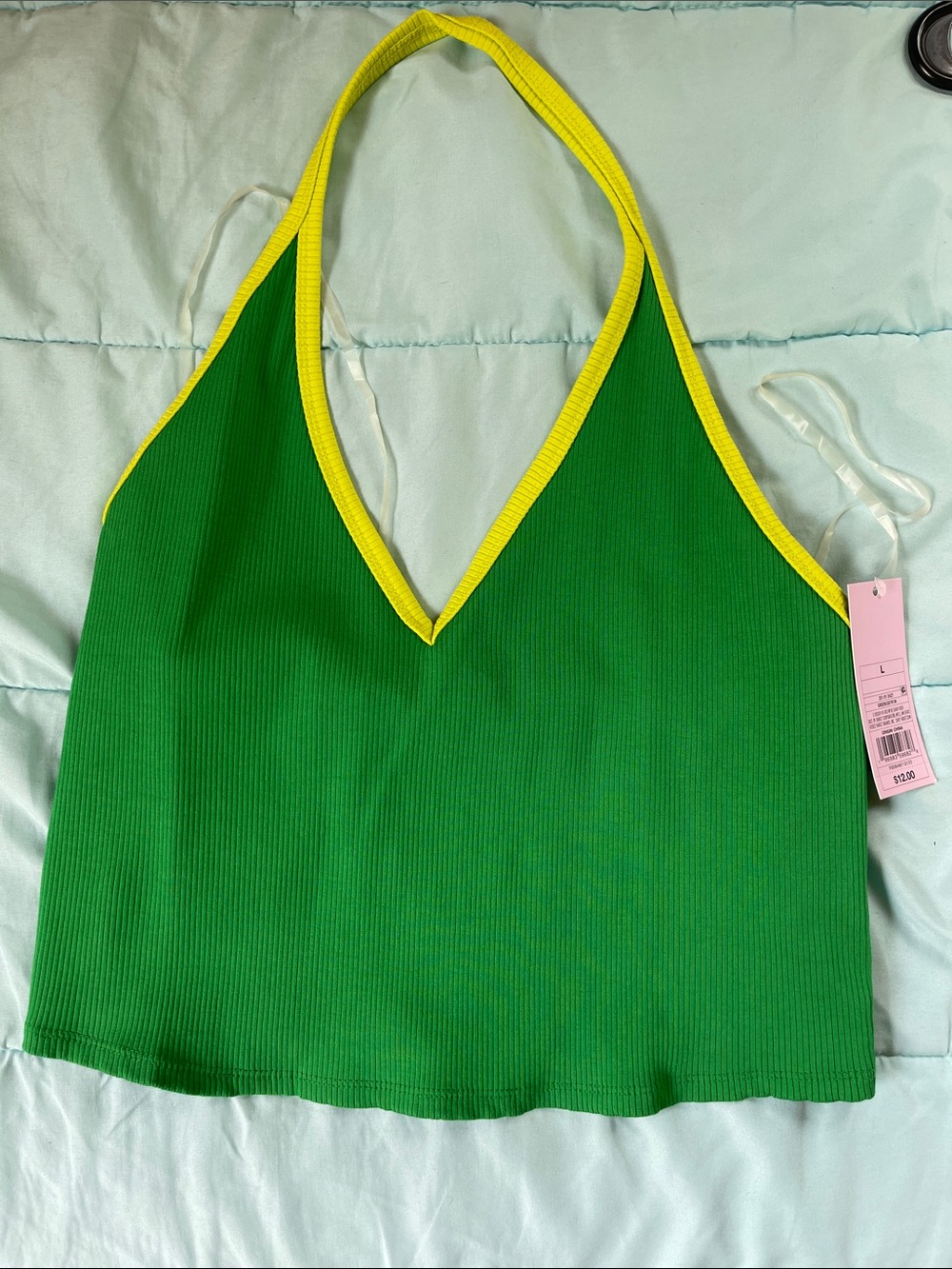 wild fable Green Ribbed Halter Top with Yellow Trim